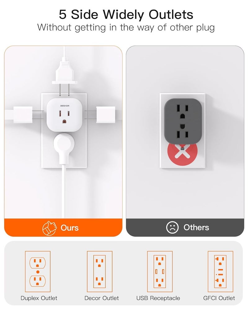 BESHON Multi Plug Outlet Extender 2 Pack, Wall Outlet Splitter with 5 Wall Outlets, Small Multiple Plug Extender, Cruise Essentials, Outlet Adapter No Surge Protector for Cruise Ship Home Office Dorm Room - Image 5